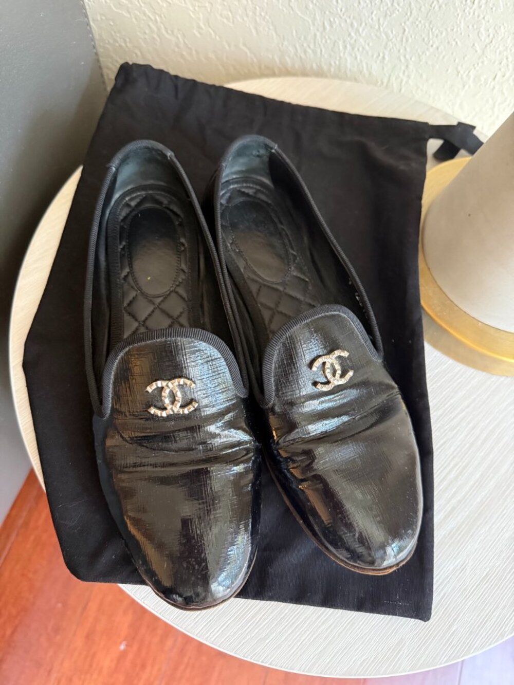 Chanel Black Patent Leather CC Loafers Gold Hardware EU 38